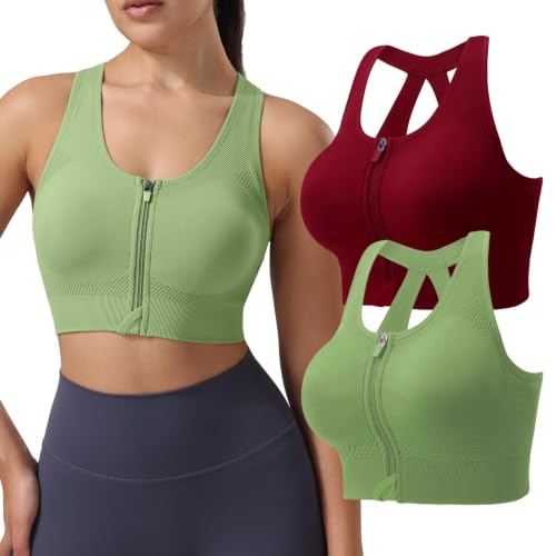 Senlinyoga Front Closure Seamless Support Women’s Everyday Sports Bra – Medium, Green+Wine