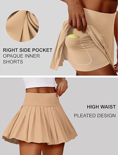 PINSPARK Light Khaki Large Pleated Tennis Skirt with Pocket - Athletic Golf Skort