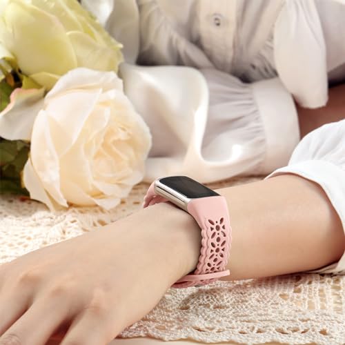 Maledan Stylish Lace Floral Fitbit Charge 5/6 Sport Bands for Women, Adjustable, Waterproof, Black/Starlight/Pink, 5.5-8.2 inch Wrist