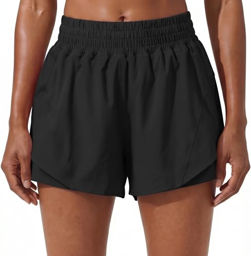 High Waisted Athletic Shorts for Women - 3" Running Shorts - Large/Black