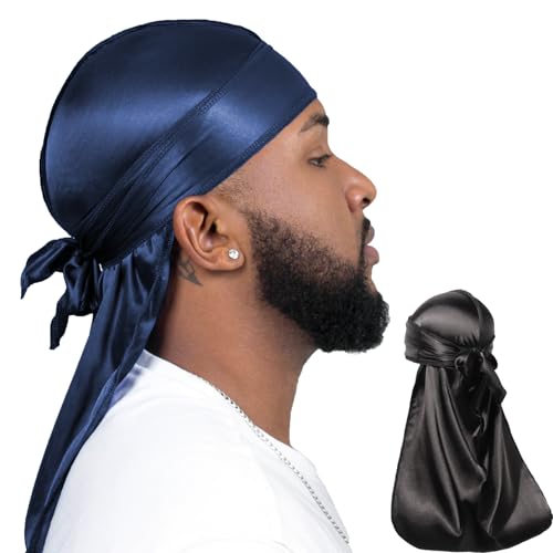 ForceWave Silky Satin Durags for Men 2-Pack - Do Rag for Waves, Black & Navy