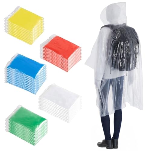 Juvale Disposable Rain Ponchos for Adults - 50 Pack, 50 x 40 in, Rainbow & Clear - Hooded Waterproof Ponchos for Women & Men - Festival & Theme Park Essentials - Packable Travel Rain Poncho