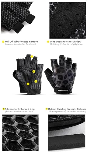 Padded Workout Gloves for Men & Women - Fingerless Gym Gloves - Leopard