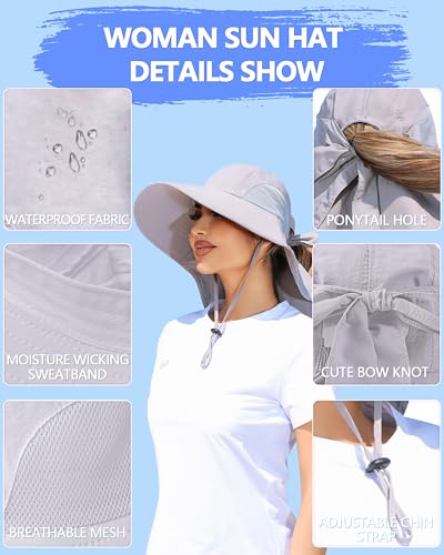Women's Light Gray Wide Brim UV Sun Hat with Ponytail Hole & Neck Flap - One Size Outdoor Hat