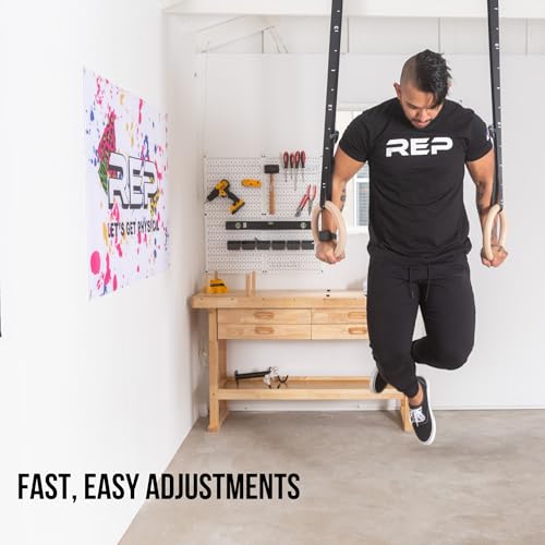 REP Fitness Wooden Gymnastic Rings with 1.11 Inch Diameter and 7.5 Foot Adjustable Straps - Heavy Duty Cross-Training Equipment