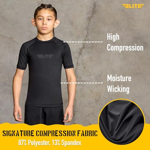 Kids Jiu Jitsu BJJ Rash Guard - Short Sleeve Compression Shirt - Small Black