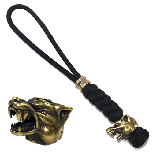 5-Inch Knife Lanyard with Brass Wolf Bead Paracord Keychain - Black