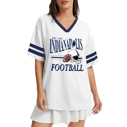 Football Team Graphic T-Shirt for Women - Oversized V Neck - Medium White