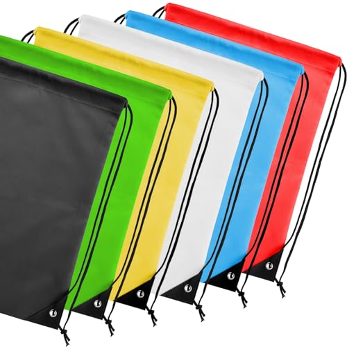 6 Pack Polyester Drawstring Backpacks - Lightweight Gym Cinch Bags - Multicolor