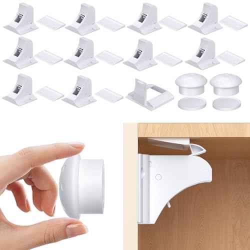 Child Safety Magnetic Cabinet Locks, AOSITE 10 Pack+2 Keys Baby Proofing Magnetic Drawer Locks for Kitchen with Adhesive No Drilling or Screws Fixed, Baby Safety Cabinet Locks