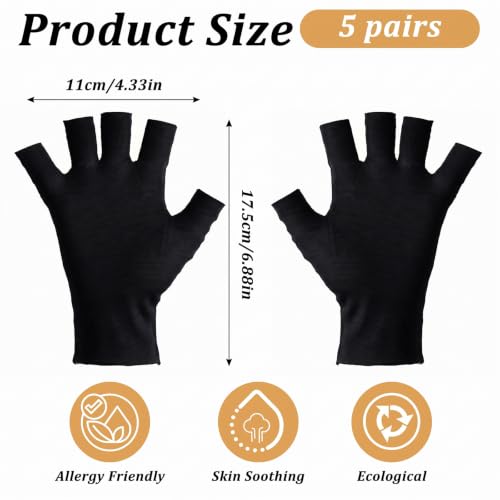 Cotton Gloves for Women - Fingerless Black Open Fingertips - 5 Pairs