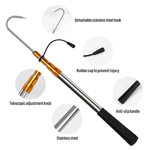 Gold Telescopic Fishing Gaff with Sharp Spear Hook – Adjustable Stainless Steel Handle