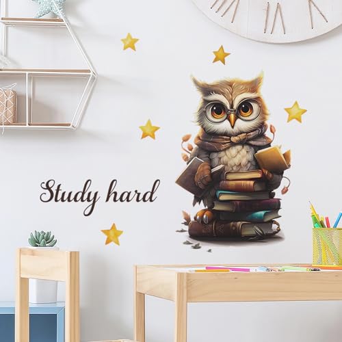 Cute Owl Books Stars Educational Wall Stickers, sacinora Study Hard Reading Corner Wall Decals Removable Vinyl Peel and Stick for Kid Baby Boy Girl Study Room Bedroom Classroom Nursery Art Decor