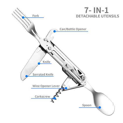 POXIMO 6-in-1 Portable Camping Utensils Set Stainless Steel Flatware Multi-tool