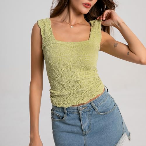 Niceyoo Women's Square Neck Crop Tank Top with Lettuce Trim – Green, Medium-Large
