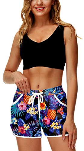 Hawaiian Tropical Print Beach Swim Shorts with Pockets - X-Large Pineapple