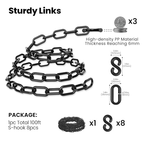 Black Plastic Chain, 100Ft Plastic Chain Links Safety Chains Barrier