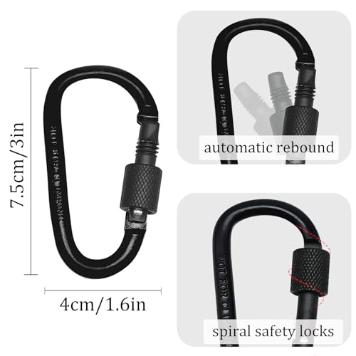 3-Inch D-Shape Locking Carabiner Clips - Black - 6 Pack
