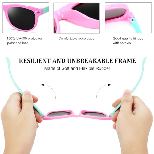 BEALER Kids Polarized Sunglasses for Girls & Boys – UV Protection, Flexible Rubber Frames, 3-9 yrs, M3 Glossy Black+Pink/Cyan+Blue/Dark Blue (45mm)