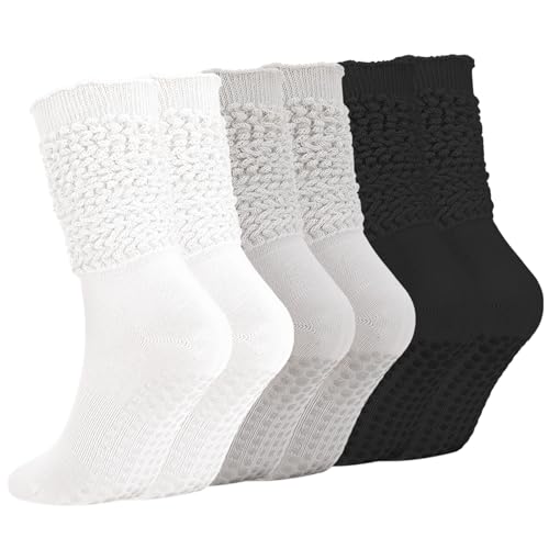 Pilates Socks with Grips for Women - 3 Pack Ruffle Style - White, Grey, Black