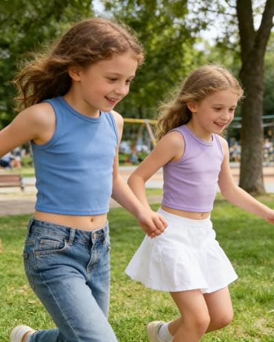 Girls Ribbed Knit Crop Tank Top - Crew Neck Sports Shirt - 13-14 Years Blue