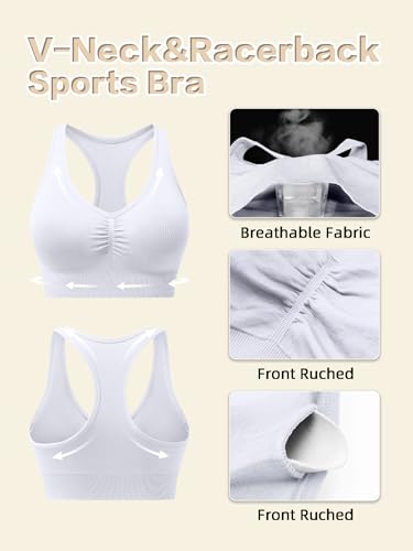 BYAWAY Medium White Ruched Sports Bra for Women - Racerback V-Neck Padded Seamless Longline