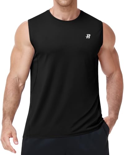 Runhit Men's Black Large Quick Dry Sleeveless Workout Tank Top UPF 50+ Moisture Wicking Athletic Shirt