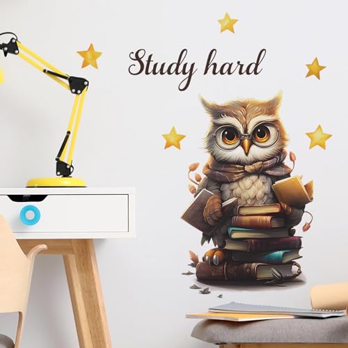 Cute Owl Books Stars Educational Wall Stickers, sacinora Study Hard Reading Corner Wall Decals Removable Vinyl Peel and Stick for Kid Baby Boy Girl Study Room Bedroom Classroom Nursery Art Decor