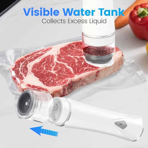 White Handheld Vacuum Sealer with Visible Tank, Portable Food Saver, 30 Reusable Bags