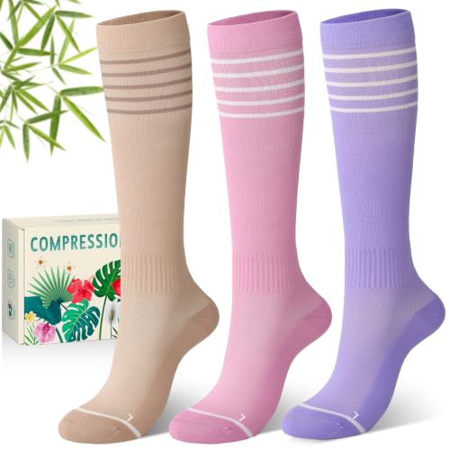 Owcorowan Bamboo Viscose Compression Socks 15-20 mmHg Knee High Large-X-Large 3 Pairs Purple/Apricot/Pink