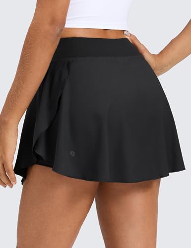 CRZ YOGA Drapey Side Slit Tennis Skirt - Medium Black, Breathable & Quick Dry