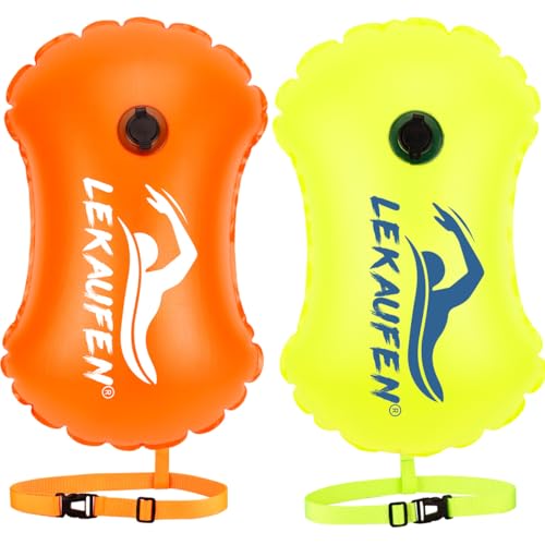 LeKaufen Inflatable Open Water Swim Buoy - Bright Orange and Yellow Safety Float