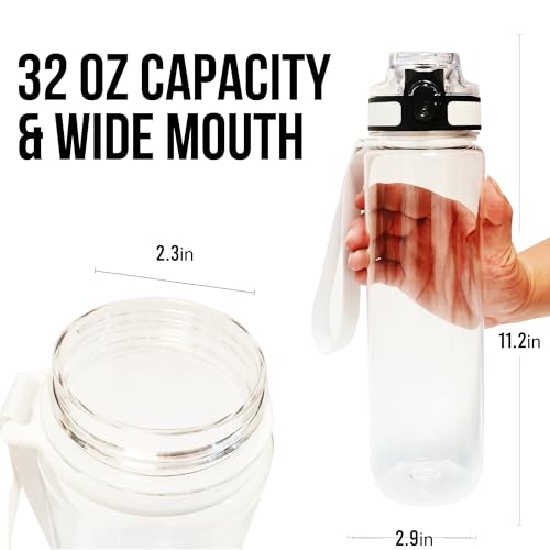 GearTek 32oz Clear Plastic Water Bottle with No Markings, Leak-Proof Flip Top Lid, Sport & Gym Use