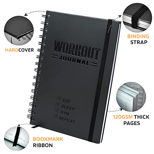 Fitness Journal Workout Planner - A5 Sturdy Log Book - Black