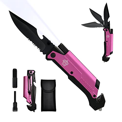 Pink Camping Multi-Tool Knife for Women with LED Light & Fire Starter