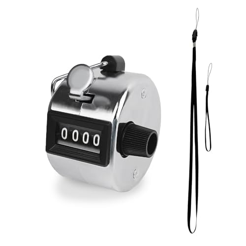 4-Digit Metal Hand Tally Counter - Mechanical Clicker with Lanyards (Silver)