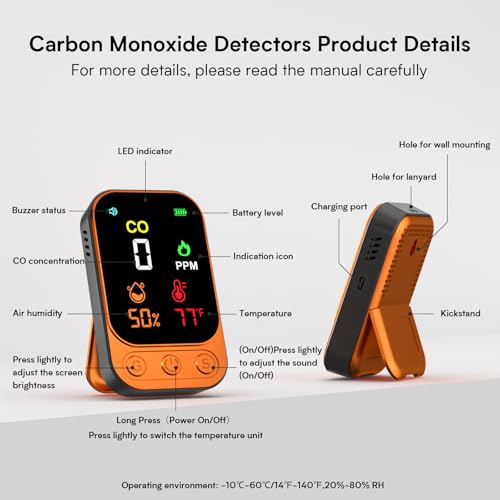 ???????????????? Portable Carbon Monoxide Detectors, 3 in 1 CO Monitor with Kickstand & Lanyard Gas Alarm [CO Temperature Humidity Sensor] 1000mah Battery for Indoor Outdoor Camping Travel RV Hotel