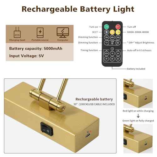 Joossnwell Battery Operated Picture Light with Remote Wireless Art Lights for Paintings Brass Gallery Light Dimmable & Timer Rechargeable Picture Lighting for Wall 15.35 Inch for Artwork Frame