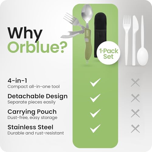 4-in-1 Camping Utensils Set - Portable Stainless Steel Cutlery, Olive Green