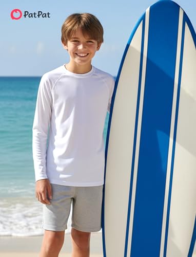 Boys UPF 50+ Long Sleeve Rash Guard Swim Shirt - White, 5-6 Years