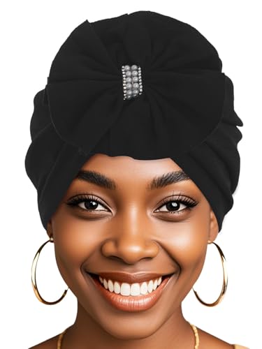 Flower Turban Beanie with Rhinestone Pearl Knot - Headwrap for Women
