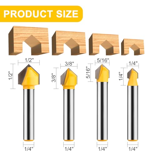 90 Degree V Groove Router Bit Set 1/4 Inch Shank, CNC Engraving V Grooving Bit Cutter for Woodworking Carving, Cutting Diameter: 1/4", 5/16", 3/8", 1/2"