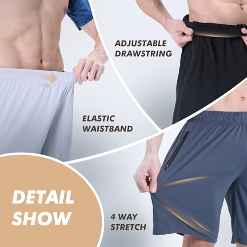 5 Pack Men's Athletic Gym Shorts with Zipper Pockets – Boojo, Large, Black/Gray/Navy (Variation: 1-black/Black/Dark Grey/Navy Blue/Light Grey)