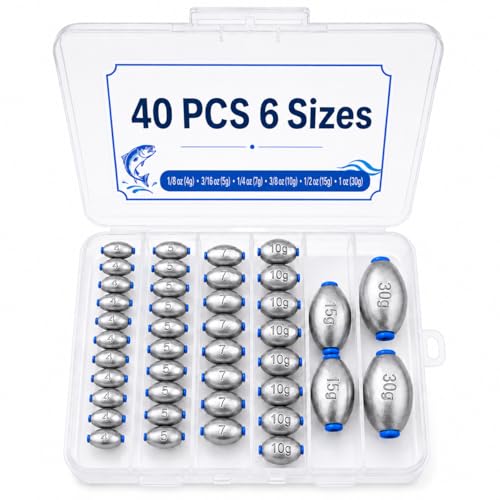 Egg Sinkers Fishing Weights - 40 PCS Oval Slip Sinkers, 6 Sizes