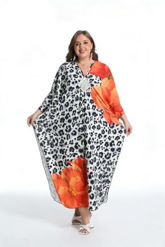 Woxscury Colorful Floral Kaftan Dress with Black Leopard & Orange Flower Print for Women Swim Cover Up