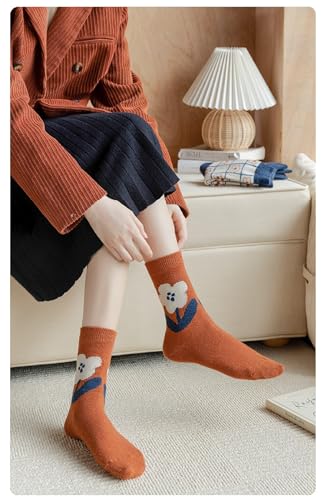 Wool Socks for Women Thick Knit Vintage Floral Crew Socks - 5 Pairs Blue Flowers (5-9)