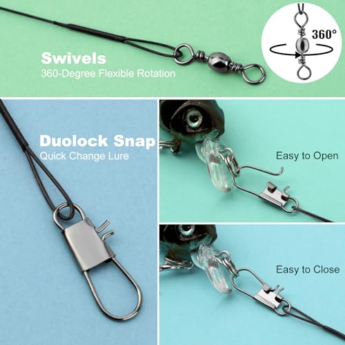 50Pcs Stainless Steel Fishing Wire Leaders with Swivels & Snaps - Black