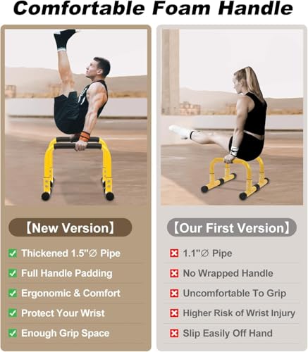 TABEKE 14'' Push Up Bar Parallettes with Full Foam Handle, Heavy-Duty Steel Dip Bar (Yellow)