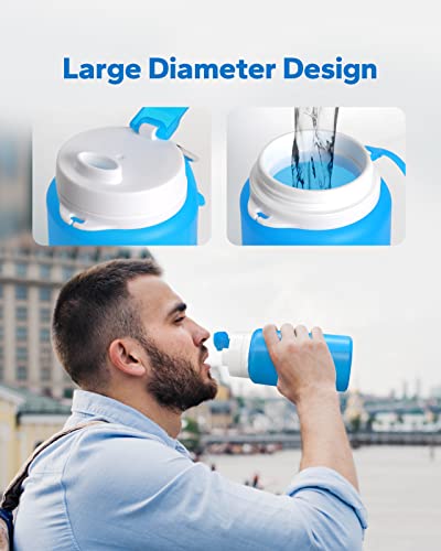 Collapsible Silicone Water Bottle - 20oz Portable Foldable Sport Bottle - Blue