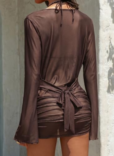 Herseas Women's Draped Neck Tie Waist Floral Print Swim Coverup Dress - Medium Brown